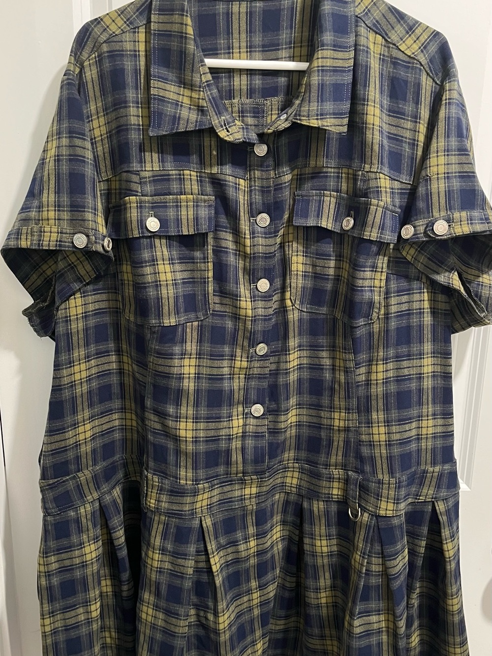 Plaid Button-Front Women’s Dress in Navy and Yellow